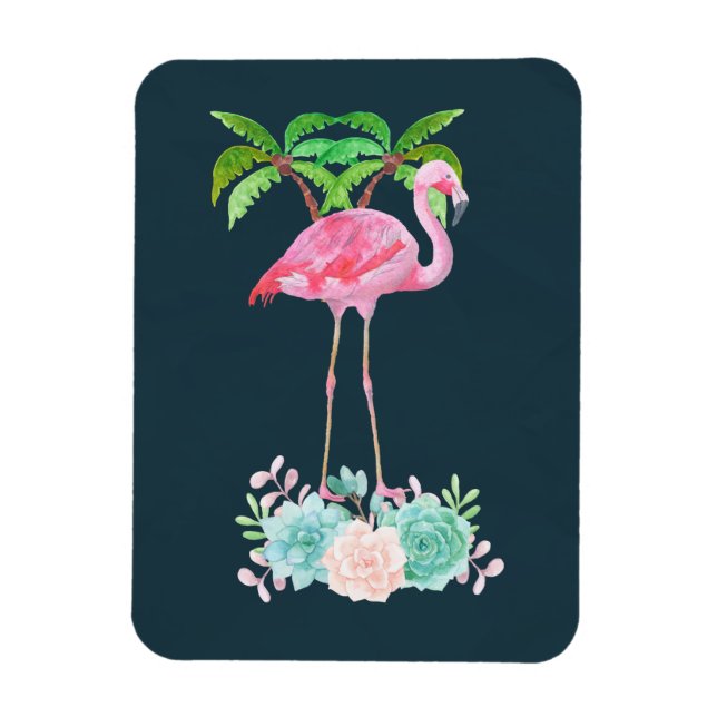 Pink Flamingo Palm trees and Floral Succulents Magnet (Vertical)