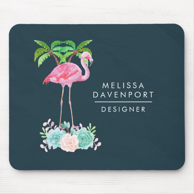 Pink Flamingo Palm trees and Floral Succulents Mouse Mat (Front)