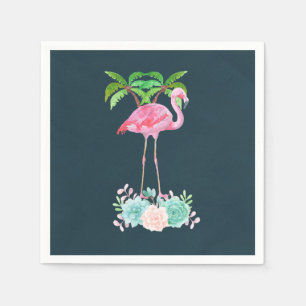 Pink Flamingo Palm trees and Floral Succulents Napkin