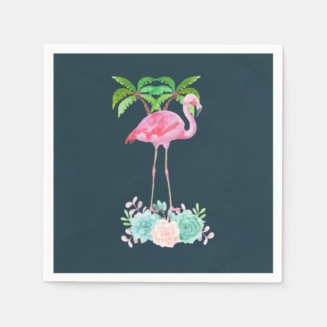 Pink Flamingo Palm trees and Floral Succulents Napkin (Front)