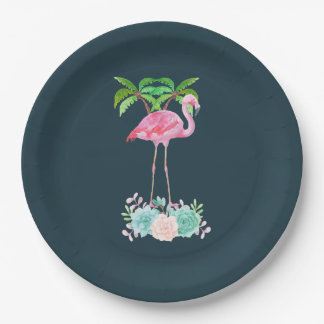 Pink Flamingo Palm trees and Floral Succulents Paper Plate