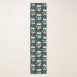 Pink Flamingo Palm trees and Floral Succulents Scarf<br><div class="desc">A scarf with a repeating pattern of an illustration of a pink flamingo standing on a bed of floral succulent flowers with green palm trees swaying in the back. Tropical and pretty. The background is dark blue.</div>
