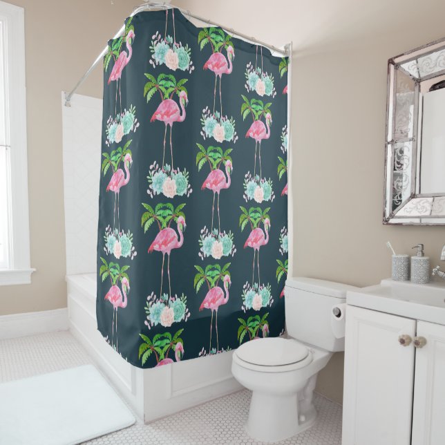 Pink Flamingo Palm trees and Floral Succulents Shower Curtain (In Situ)