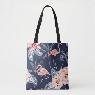 Pink flamingo, palm trees, rose, orchid flower, le tote bag