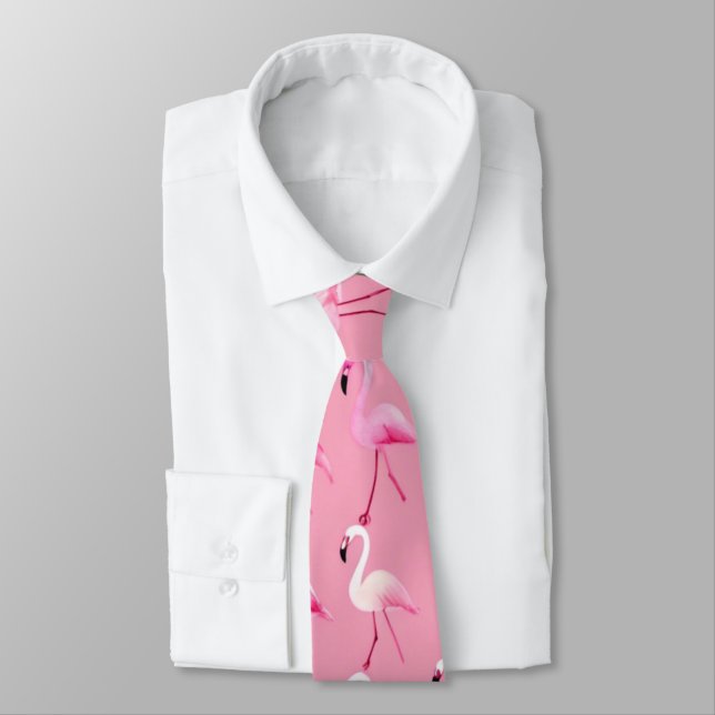 Pink Flamingo Paradise Watercolor Pattern Tie (Tied)