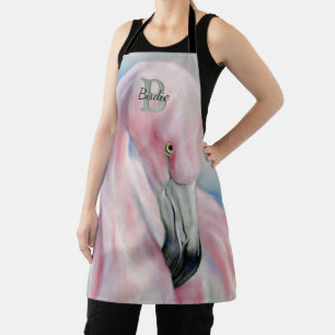 Pink Flamingo Pastel Art Monogrammed Apron