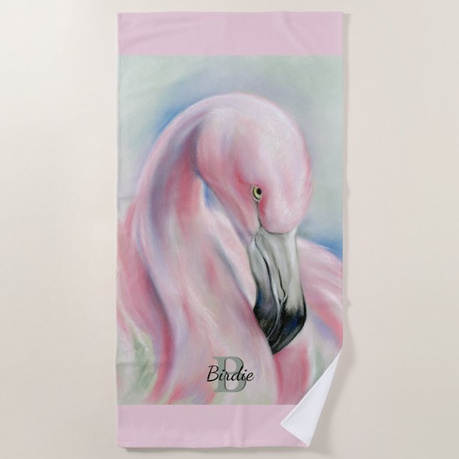 Pink Flamingo Pastel Art Personalised Beach Towel (Front)