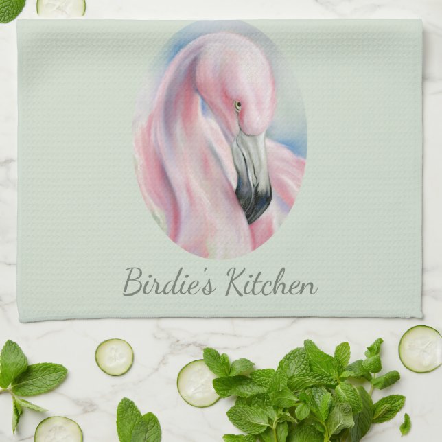 Pink Flamingo Pastel Art Personalised Name Tea Towel (Folded)