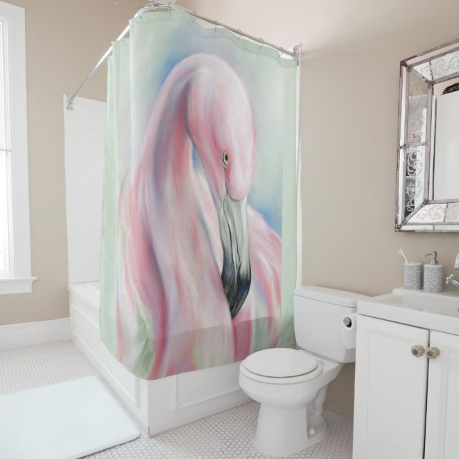 Pink Flamingo Pastel Art Shower Curtain (In Situ)