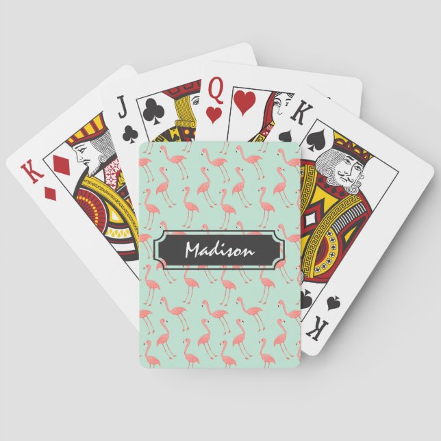 Pink Flamingo Pattern | Add Name Playing Cards (Back)