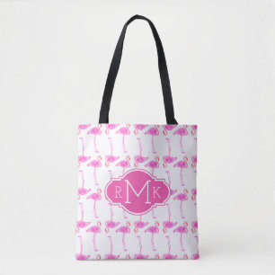Pink Flamingo Pattern   Monogram Tote Bag