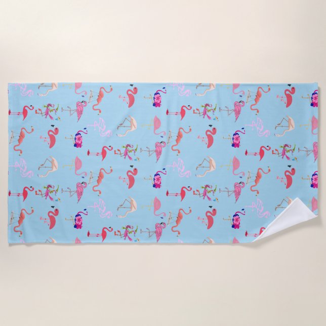 pink Flamingo pattern summer tropical on aqua blue Beach Towel (Front)