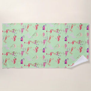 pink Flamingo pattern summer tropical sage green Beach Towel