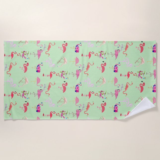 pink Flamingo pattern summer tropical sage green Beach Towel (Front)
