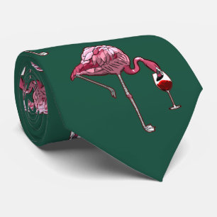 Pink Flamingo Pattern Wine Drinker Green Novelty Tie