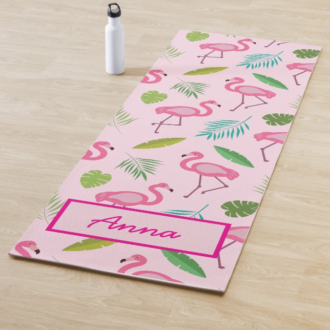 Pink Flamingo Pattern with Tropical leaves custom Yoga Mat (In Situ)