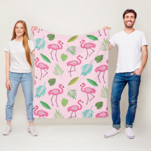 Pink Flamingo Pattern with Tropical leaves Fleece Blanket
