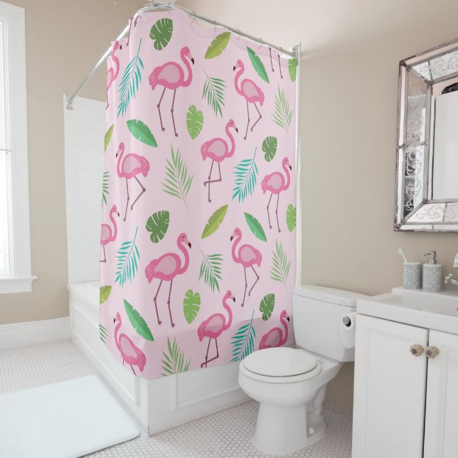 Pink Flamingo Pattern with Tropical Leaves   Shower Curtain (In Situ)