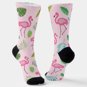 Pink Flamingo Pattern with Tropical leaves Socks