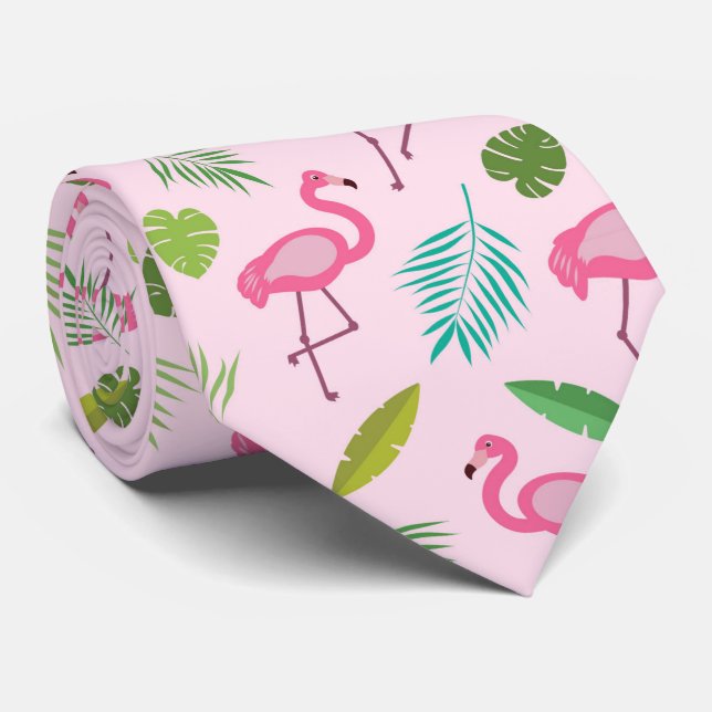 Pink Flamingo Pattern with Tropical leaves  Tie (Rolled)