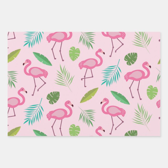 Pink flamingo pattern  with tropical leaves  wrapping paper sheet (Front)
