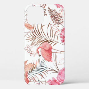 Pink flamingo, peony watercolor pattern. iPhone 12 case