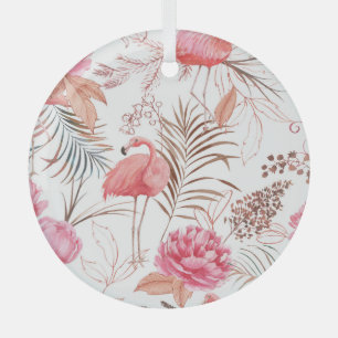 Pink flamingo, peony watercolor pattern. glass tree decoration