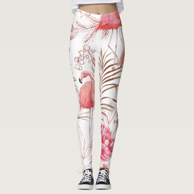 Pink flamingo, peony watercolor pattern. leggings (Front)