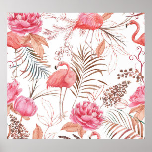Pink flamingo, peony watercolor pattern. poster