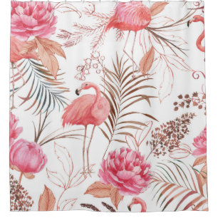 Pink flamingo, peony watercolor pattern. shower curtain