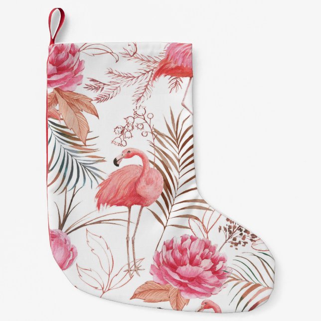 Pink flamingo, peony watercolor pattern. small christmas stocking (Front)