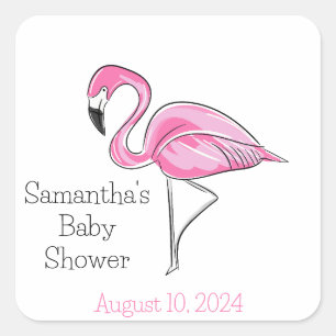 Pink Flamingo Personalised Baby Shower Square Sticker