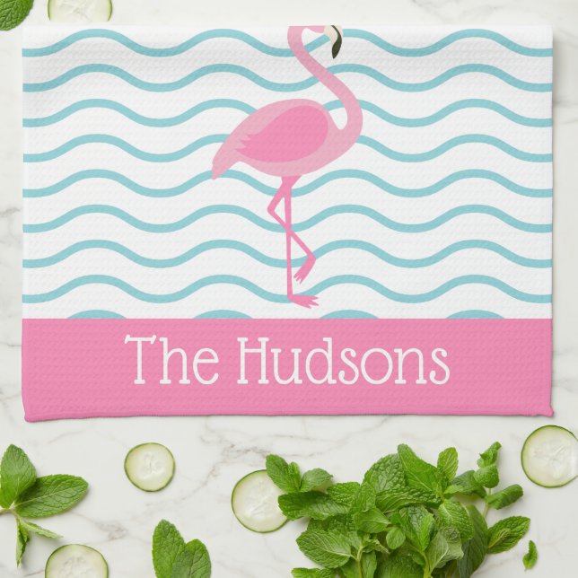 Pink Flamingo Personalised Kitchen Towel (Folded)