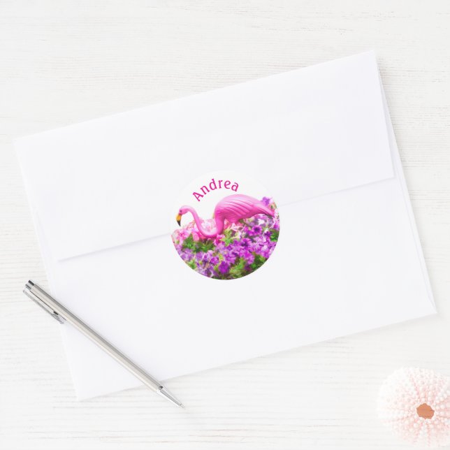 Pink Flamingo Petunia Art Add Custom Text  Classic Round Sticker (Envelope)