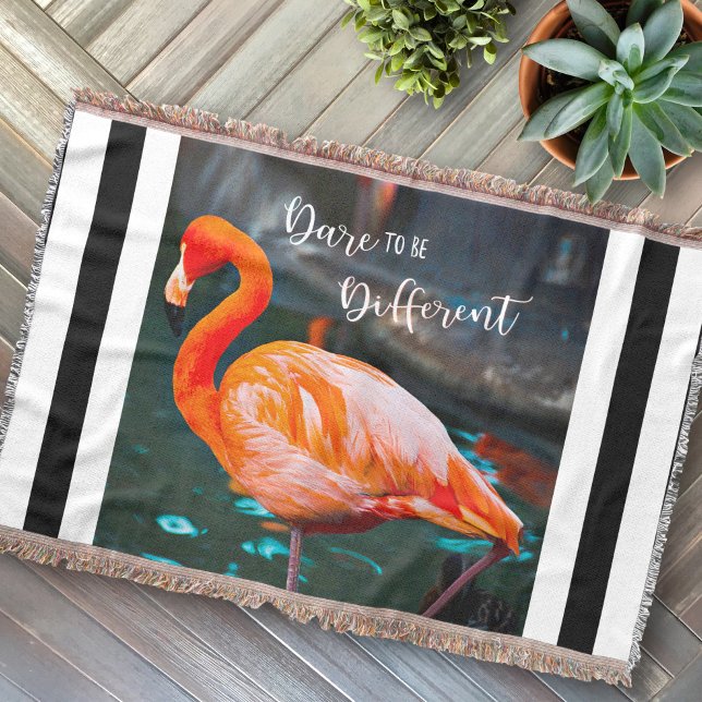 Pink Flamingo Photo Black White Stripe Dare Quote  Throw Blanket (Creator Uploaded)