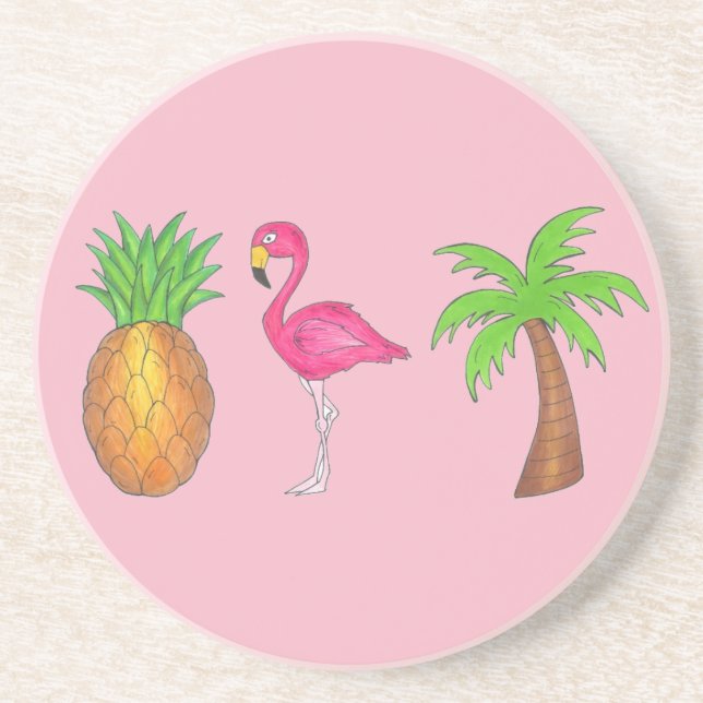 Pink Flamingo Pineapple Palm Tree Tropical Island Coaster (Front)