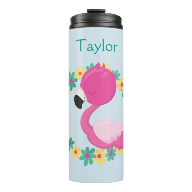 Pink Flamingo Pink and Blue Flowers Thermal Tumbler (Front)