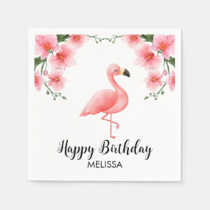 Pink Flamingo Pink Orchid Flower Birthday Napkin