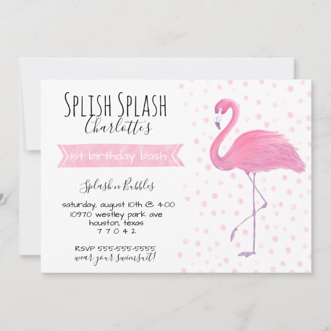 Pink flamingo polk-a-dot 1st birthday  invitation (Front)