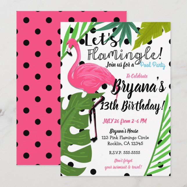 Pink Flamingo Polka Dots Summer Flamingle Party Invitation (Front/Back)