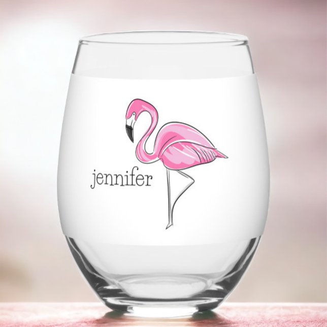 Pink Flamingo Preppy Personalised Stemless Wine Glass (Creator Uploaded)