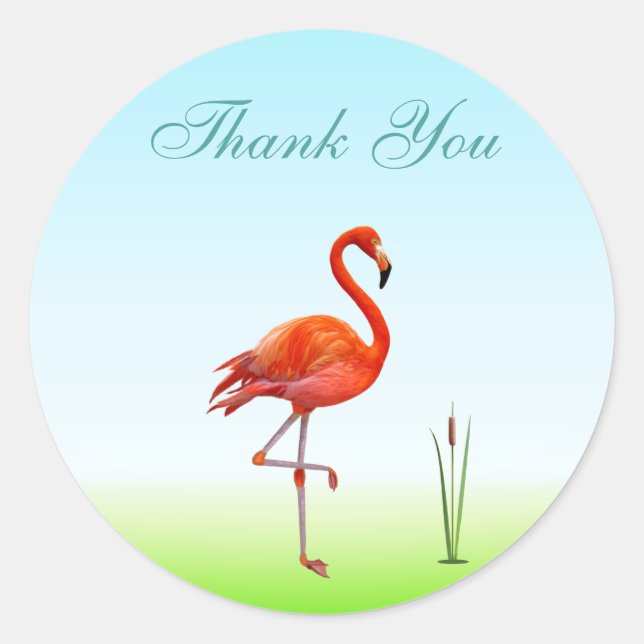 Pink Flamingo & Reed Plant Thank You Classic Round Sticker (Front)