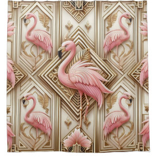 Pink Flamingo Retreat   Retro Art Deco Flamingoes Shower Curtain
