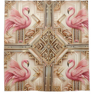 Pink Flamingo Retreat Retro Art Deco Flamingoes Shower Curtain