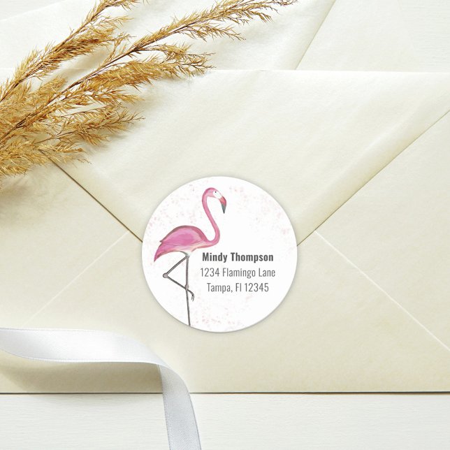 Pink Flamingo Return Address Cute Stylish  Classic Round Sticker (Creator Uploaded)