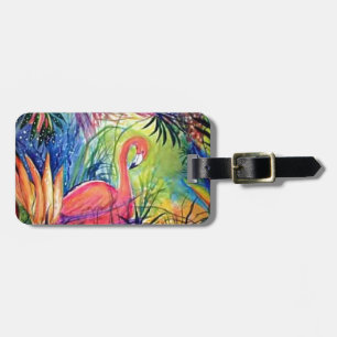 Pink Flamingo Sanibel Midnight Watercolor Painting Luggage Tag