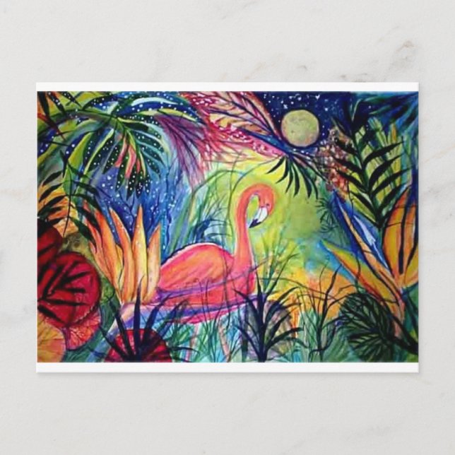 Pink Flamingo Sanibel Midnight Watercolor Painting Postcard (Front)