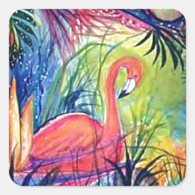 Pink Flamingo Sanibel Midnight Watercolor Painting Square Sticker (Front)
