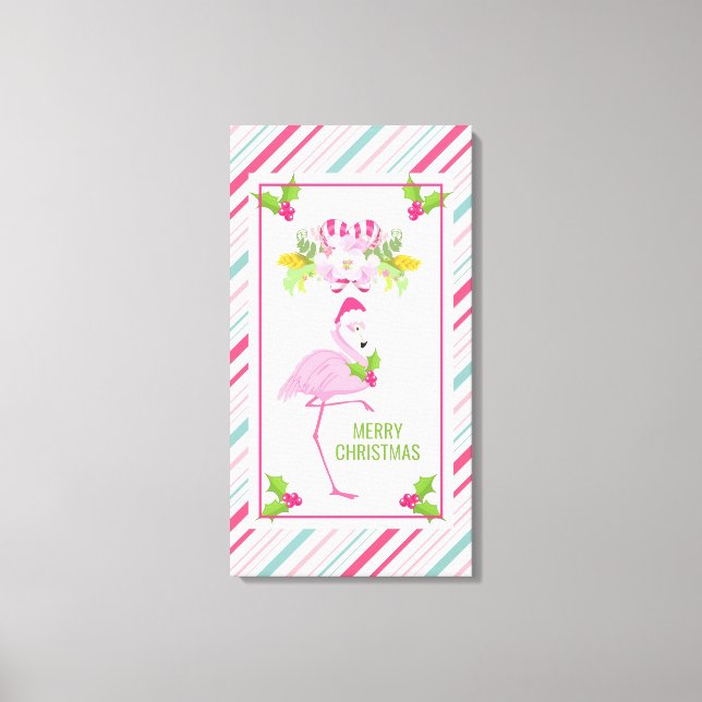 Pink Flamingo Santa Hat Candy Canes and Holly Canvas Print (Front)
