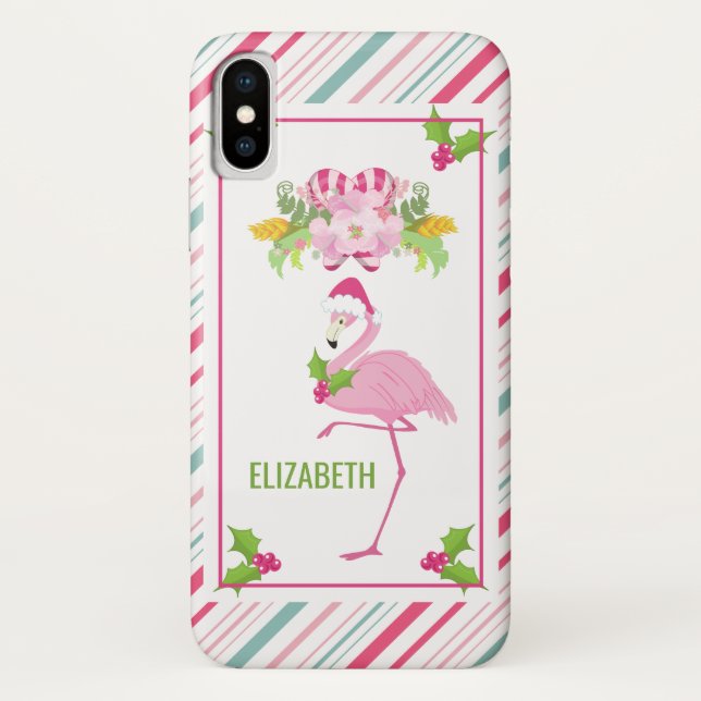 Pink Flamingo Santa Hat Candy Canes and Holly Case-Mate iPhone Case (Back)